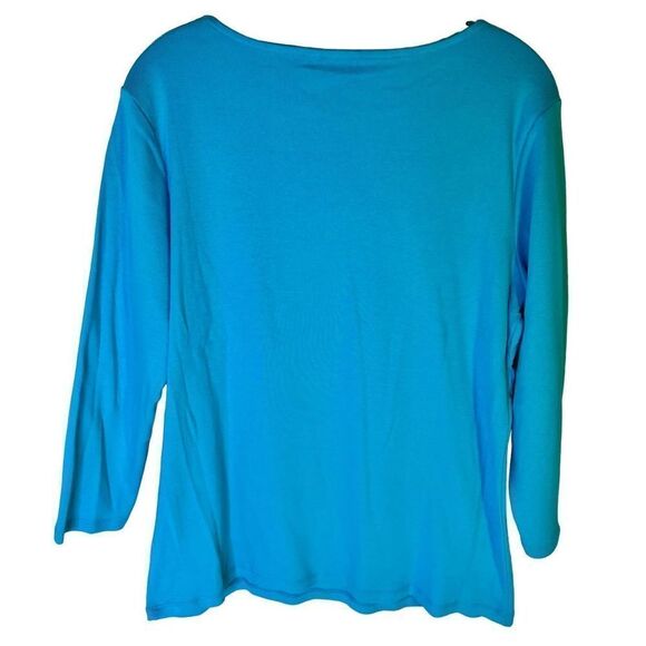 RAFAELLA SZ XL AQUA BLUE BEDAZZLED BOATNECK LONG-SLEEVE COTTON PULLOVER TOP SHIR - Picture 3 of 6